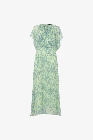 Whistles Womens Dashed Brush Marks Gathered Woven Midi Dress