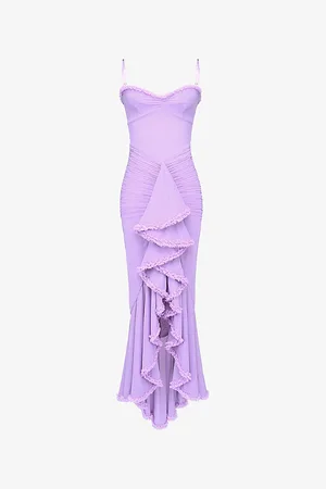 House Of Cb Womens Gabbi Ruffle-Front Slim-Fit Stretch-Mesh Maxi Dress