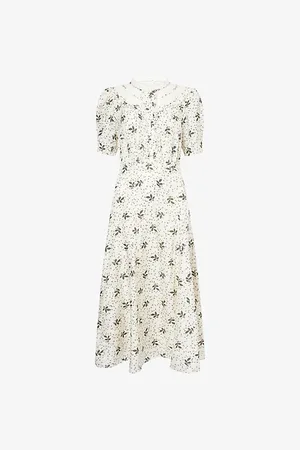 ME AND EM Womens Leaf-Print Lace-Panelled Silk-Blend Midi Dress
