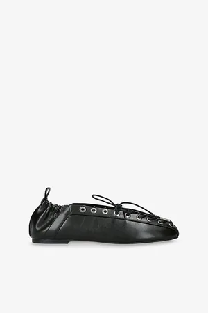 Ganni Womens Eyelets Lace-Up Vegan Leather Ballerina Flats