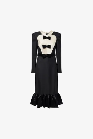 VALENTINO GARAVANI Womens Bow-Embellishment Ruffled-Hem Wool Midi Dress