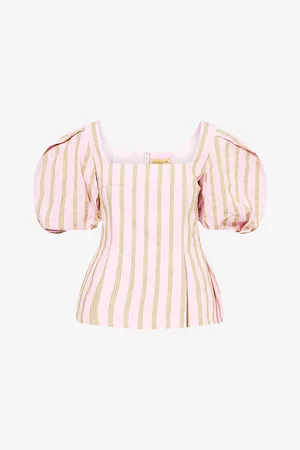 STINE GOYA Womens Stripe-Print Blouson-Sleeve Cotton Jacquard Top