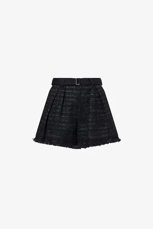 SACAI Womens Frayed-Hem Belted Tweed Woven Shorts