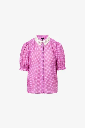 ME AND EM Womens Crosses-Print Puffed-Short-Sleeves Cotton and Silk Blouse