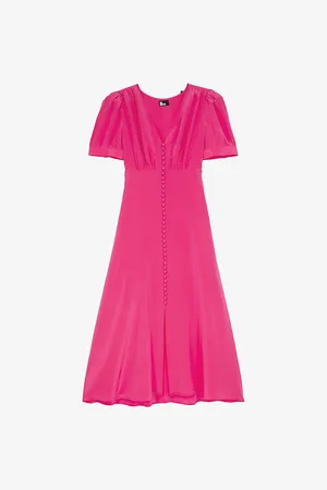 The Kooples Womens Buttoned V-Neck Silk Midi Dress