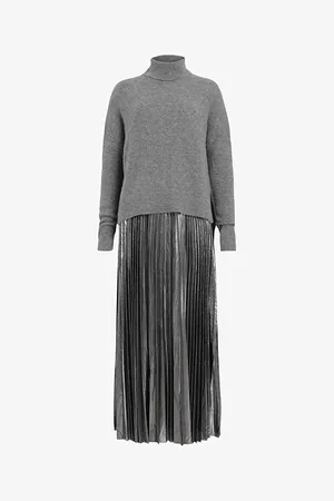 AllSaints Womens Spark High-Neck Pleated-Skirt Wool-Blend Midi Dress
