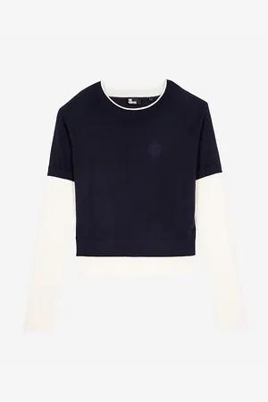 The Kooples Womens Logo-Embroidered Short-Sleeve Cotton and Cashmere-Blend Jumper