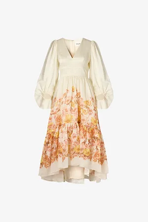 By Malina Womens Sasia V-Neck Cotton and Linen-Blend Midi Dress