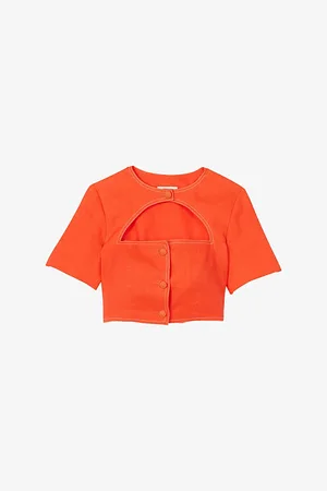 Sandro Womens Cut-Out Cropped Stretch-Linen and Cotton-Blend Top