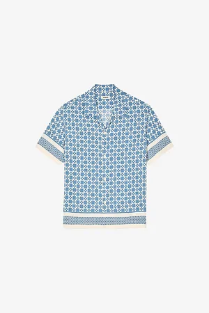 Sandro Mens Square Cross-Print Short-Sleeve Satin Shirt