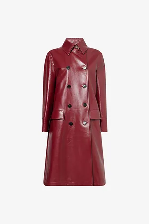 Gucci Womens Double-Breasted Two-Flap-Pockets Leather Coat