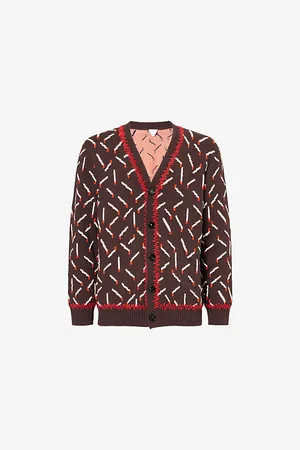 Bottega Veneta Mens Jacquard Matches V-Neck Cotton-Blend Cardigan