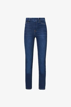 GOOD AMERICAN Womens Pull On Straight Faded-Wash Straight High-Rise Stretch-Denim Jeans