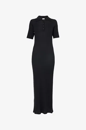 LE KASHA Womens Pointed-Collar Ribbed Knit Maxi Dress