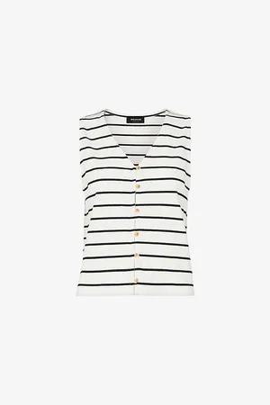 Whistles Womens Stripe-Print Button-Front Stretch-Cotton Tank Top