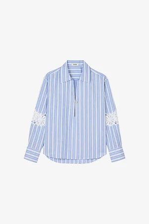 Sandro Womens Striped Lace-Trim Cotton and Linen-Blend Shirt