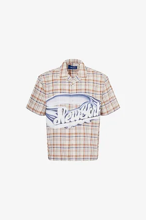 AWAKE NY Mens Check-Print Camp-Collar Cotton-Poplin Shirt