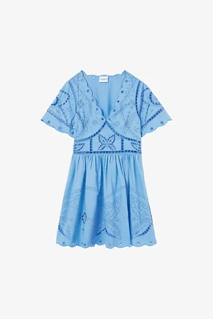 Claudie Pierlot Womens Butterfly-Embroidered Short-Sleeve Cotton Mini Dress