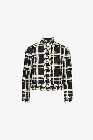 VALENTINO GARAVANI Womens Check-Pattern Tweed Cropped Wool-Blend Jacket