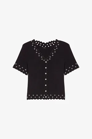 Maje Womens Short-Sleeved Eyelet-Embellished Knitted Top