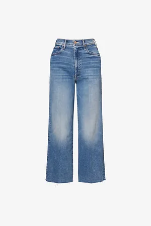 Mother Womens The Maven Frayed-Hem Straight-Leg Mid-Rise Cotton-Blend Jeans