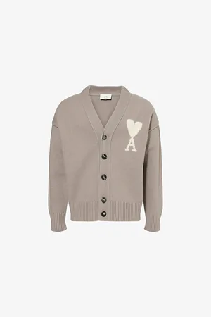 Ami Mens V-Neck Brand-Intarsia Wool Cardigan