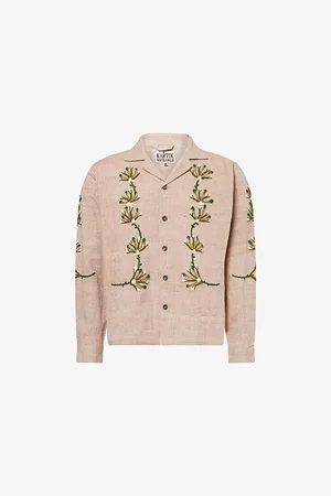 Kartik Research Mens Embroidered-Motif Notched-Collar Cotton Shirt