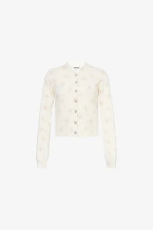 Ganni Womens Floral-Print Embellished-Button Wool-Blend Knitted Cardigan