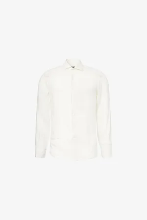 corneliani Mens Regular-Fit Logo-Embroidered Linen Shirt