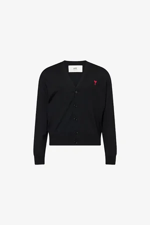 Ami Mens Brand-Embroidery V-Neck Wool Cardigan