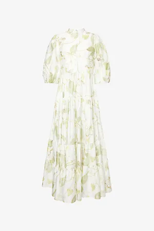 Erdem Womens Leaf-Print Puff-Sleeve Cotton Midi Dress