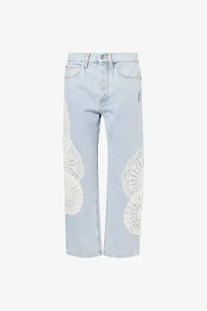Frame Womens Crochet Vertical Crop Straight-Leg High-Rise Jeans