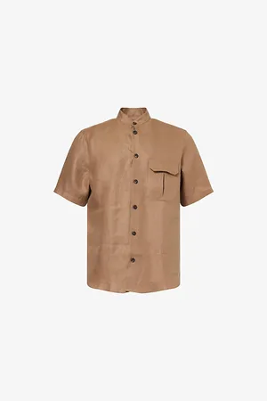corneliani Mens Guru-Collar Short-Sleeve Linen Shirt