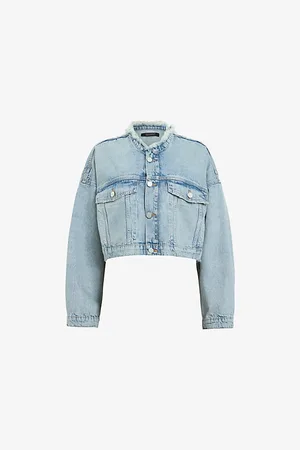 AllSaints Womens Sonny Frayed-Hem Cropped Denim Jacket