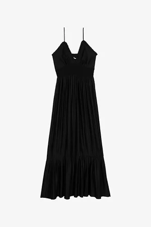 The Kooples Womens V-Neck Smocked-Waist Satin Maxi Dress