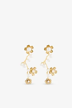 LELET NY Womens Brynn Floral Pearl Linear 14ct Yellow Plated-Brass and Pearl Drop Earrings