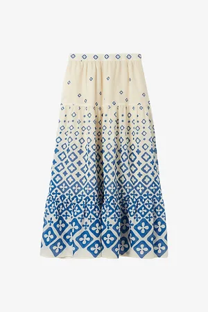 Claudie Pierlot Womens Flower-Embroidered High-Rise Tiered Cotton Maxi Skirt