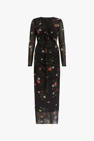 AllSaints Womens Kathy Floral-Print Cut-Out Mesh Maxi Dress