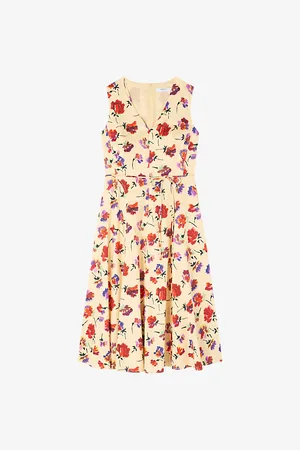 LK Bennett Womens Gaia Petite Floral-Print Tie-Waist Cotton Midi Dress