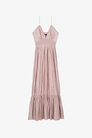 The Kooples Womens V-Neck Smocked-Waist Satin Maxi Dress