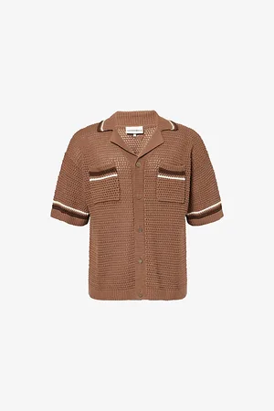 The Couture Club Mens Striped Crochet-Knit Cotton Shirt