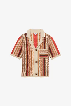 Reiss Womens Candy Stripe-Print Button-Down Linen Polo