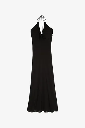The Kooples Womens Halter-Neck Ruffle-Trim Silk-Blend Maxi Dress