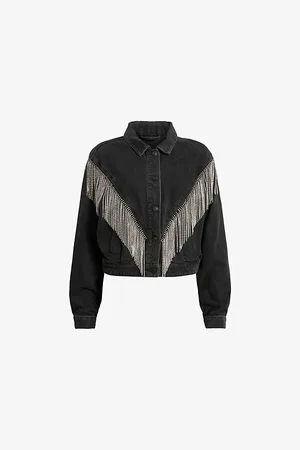 AllSaints Womens Marlene Embellished-Tassel Short Denim Jacket