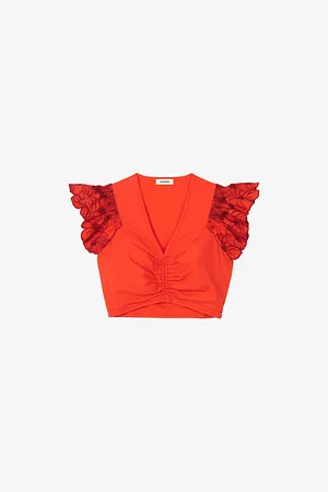 Sandro Womens Embroidered-Sleeve V-Neck Cotton-Blend Crop Top