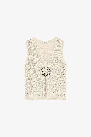 Sandro Womens Flower-Embroidered V-Neck Sleeveless Crochet Cardigan