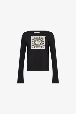 Praying Womens Doilie Embroidered-Patch Long-Sleeve Cotton-Jersey Top
