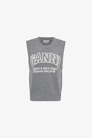 Ganni Womens Brand-Text Intarsia Wool-Blend Knitted Vest