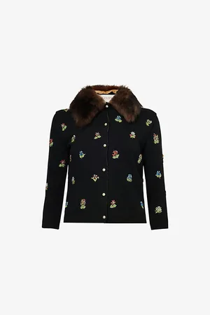 VALENTINO GARAVANI Womens Bead-Embellished Faux-Fur Collar Wool Knitted Cardigan