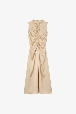 Sandro Womens Rhinestone-Embellished Ruched Satin Midi Dress